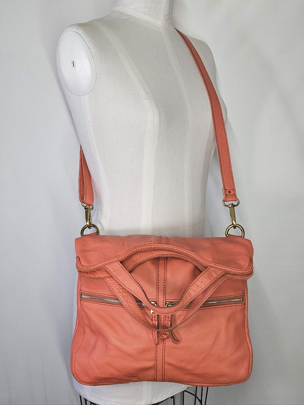 Fossil 13x11x1.5" Erin Crossbody Fold Over Handbag Coral Pink Leather Brass Zip